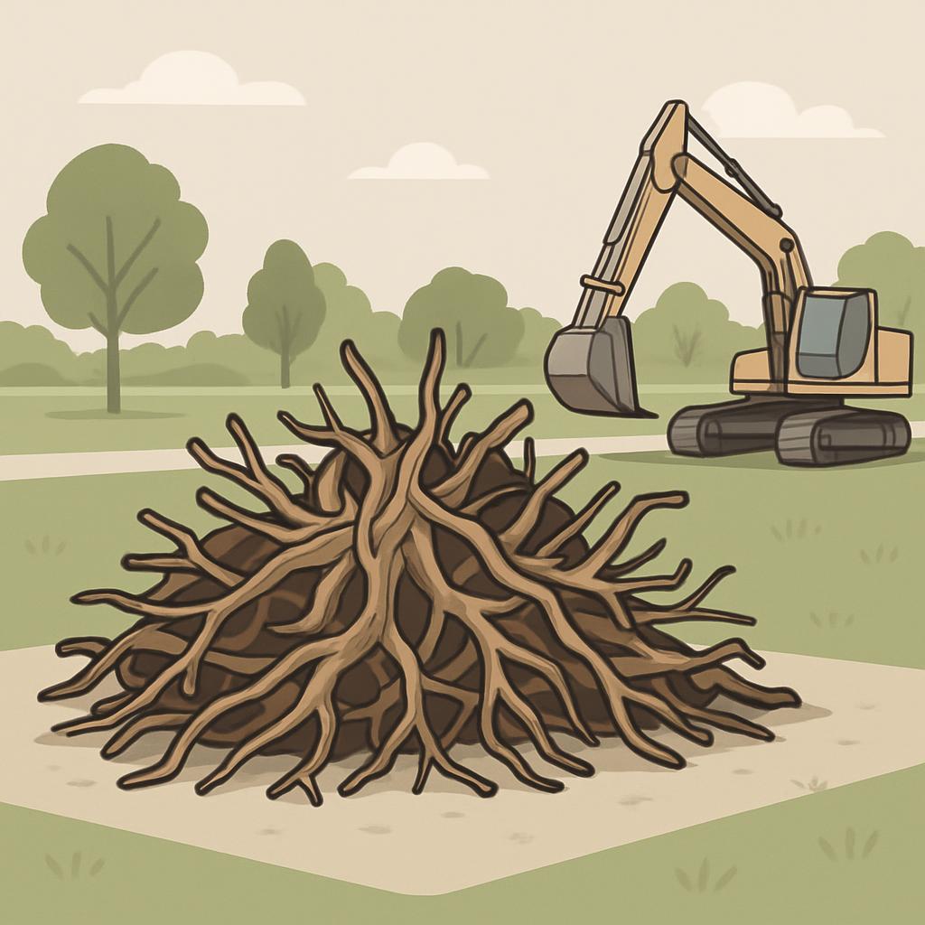 L'illustration montre un échafaudage à racines et un excavateurDansun parc avec des arbres dans un ciel calme.